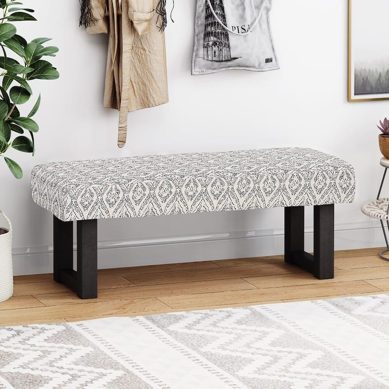 Boho Fabric Upholstered Bench with Wood Legs for End of Bed, Entryway - White+Black