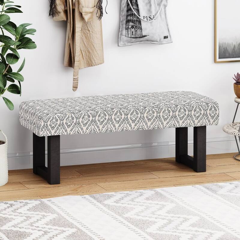 Roomfitters Upholstered Accent Bench with Patterned Fabric and Solid Wood Base, Entryway or Bedroom Decor, White+Black - White+Black