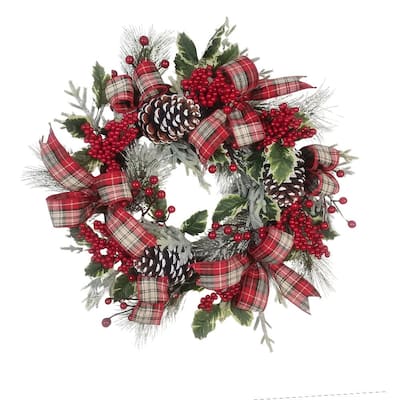 Kurt Adler 24-Inch Flocked Decorated Unlit Rattan Wreath with Plaid Bow and Holly Berry