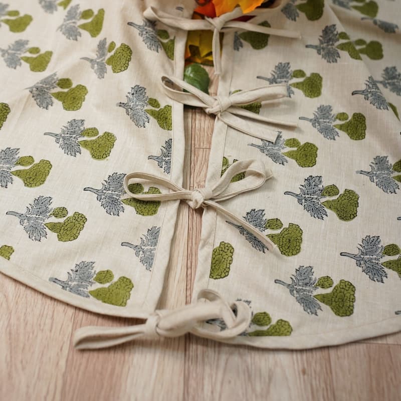 Fabdivine Block Print Linen Blend Home Decor Christmas Tree Skrit - 30" - Manmohan- Dark Green, Grey - Rustic/Modern & Contemporary/Farmhouse