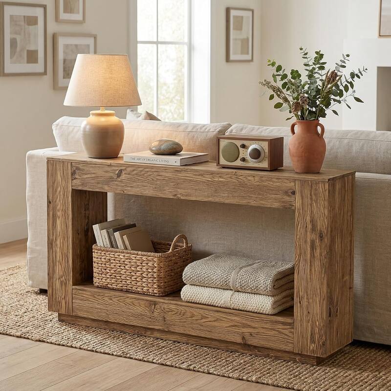 59" Solid Wood Entryway Table, 2-Tier Console Table with Open Storage