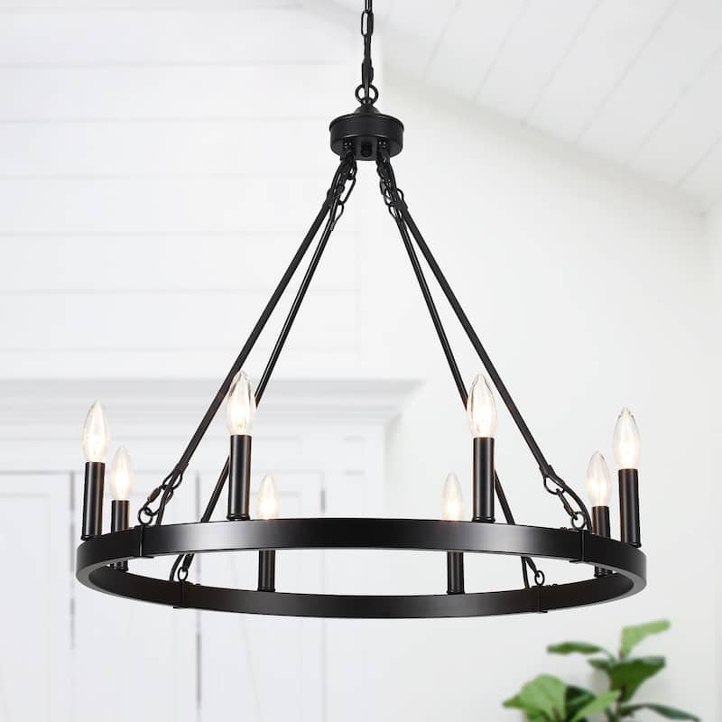 8-Light Candlestick Wagon Wheel Chandelier Linear Chandelier Lighting for Kitchen Island - Black