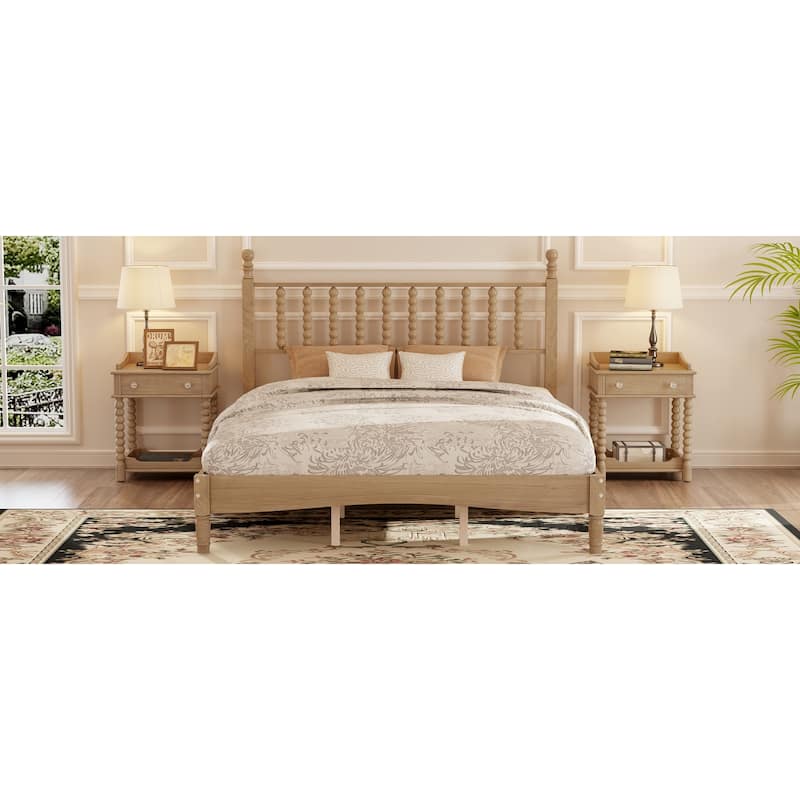 Natural Wood Queen Platform Bed with Curved Gourd Headboard, Vintage-Inspired Frame with Sturdy Slat Support