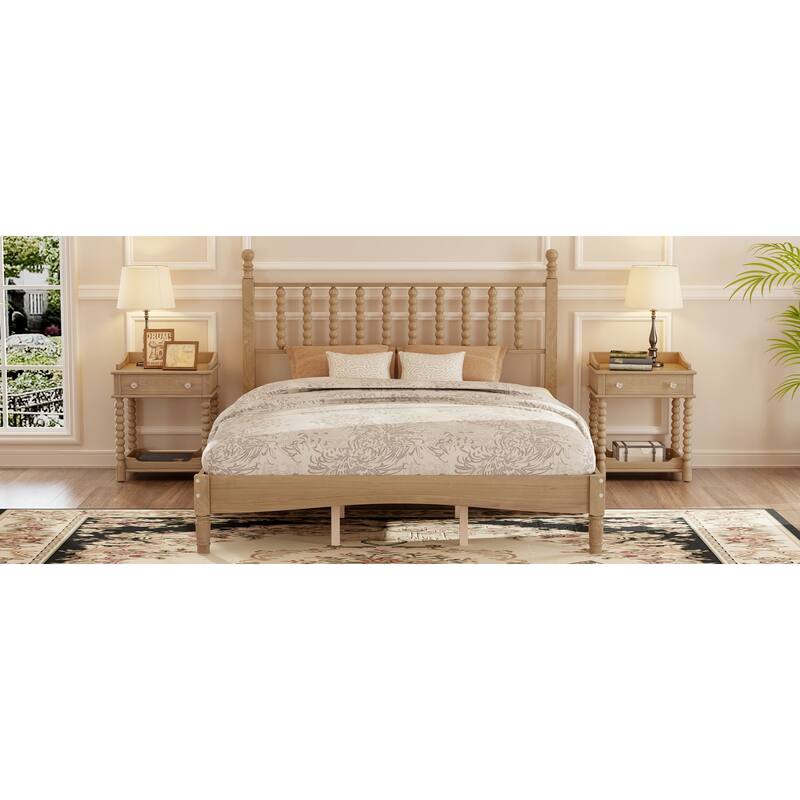 Queen Size Wood Platform Bed with Gourd Shaped Headboard,Retro Style Platform Bed with Wooden Slat Support