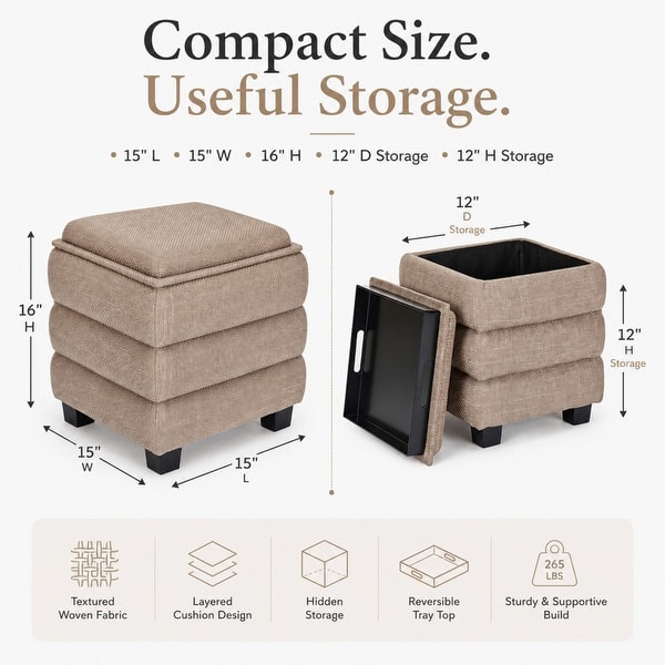 dimension image slide 2 of 3, Aria Home Tessa Storage Ottoman Cube with Tray Top Seat Bench