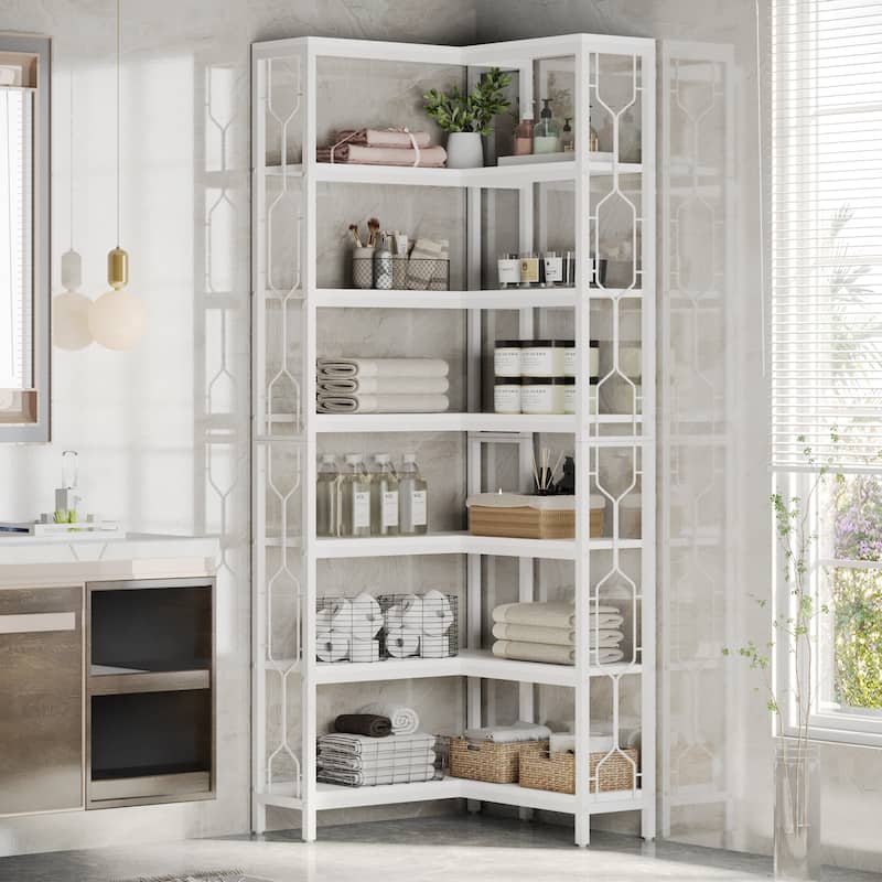 7-Tier Corner Bookshelf, White Corner Shelf Modern Etagere Bookcase