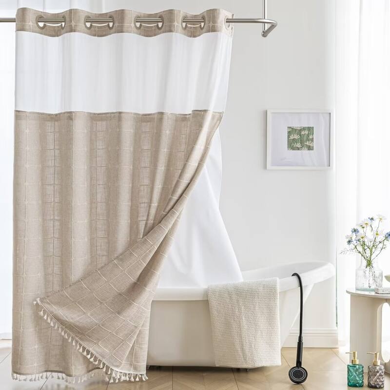 No Hook Geometric Tassels Shower Curtain with Snap-in Liner