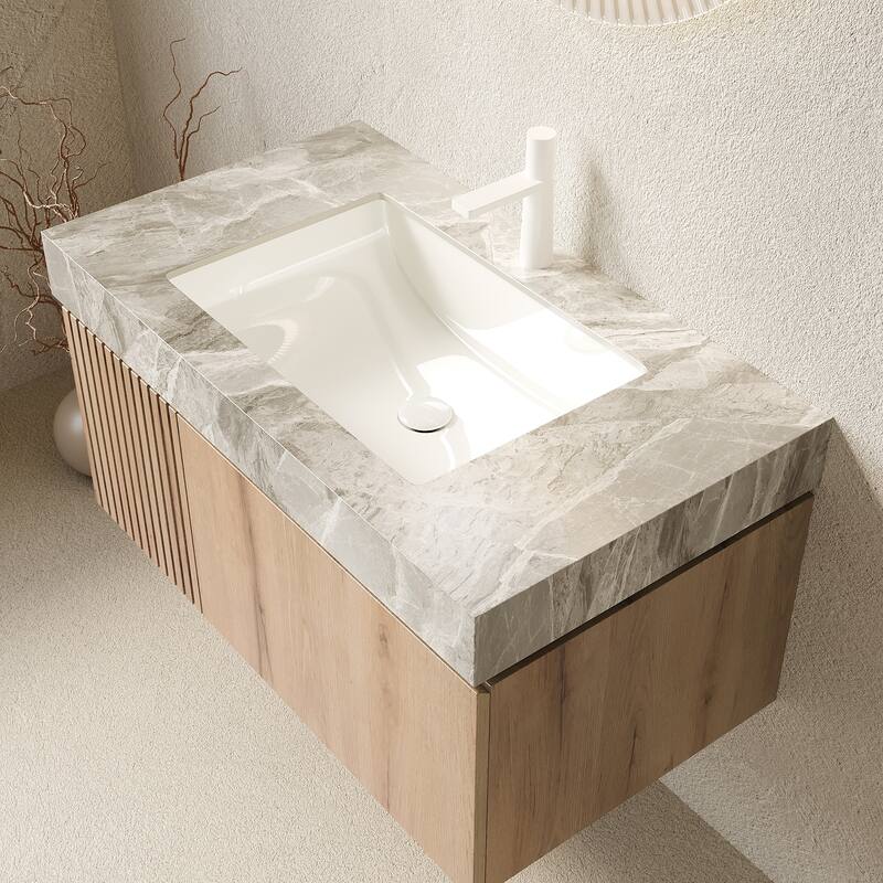 30"/36"/48" Wall-Mounted Bathroom Vanity with Ceramic Sink, Sintered Stone Countertop Floating Bathroom Storage Cabinet