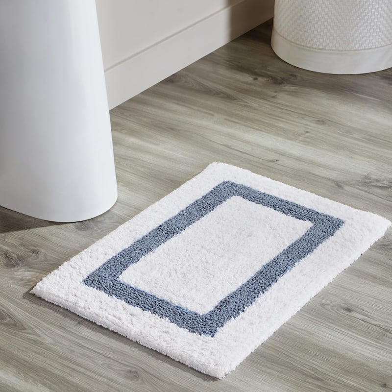 Better Trends Hotel Collection in Race Track 100% Cotton Super Absorbent Reversible Double Sided Machine Washable Bath Mat Rug - 17" x 24" Rectangle - White & Dark Blue
