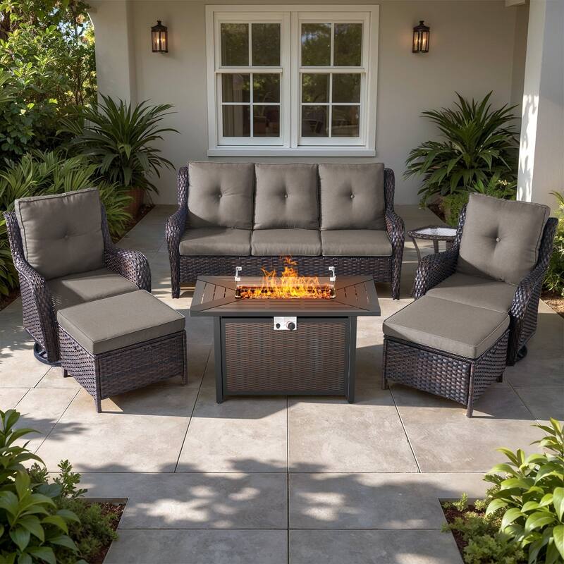 Gymojoy 7-Piece Patio Set w/ 55K BTU Fire Pit, 3-Seater Sofa, Swivel Rockers & Ottomans for Backyard, Deck - Brown Wicker / Grey Cusion - 7-Piece