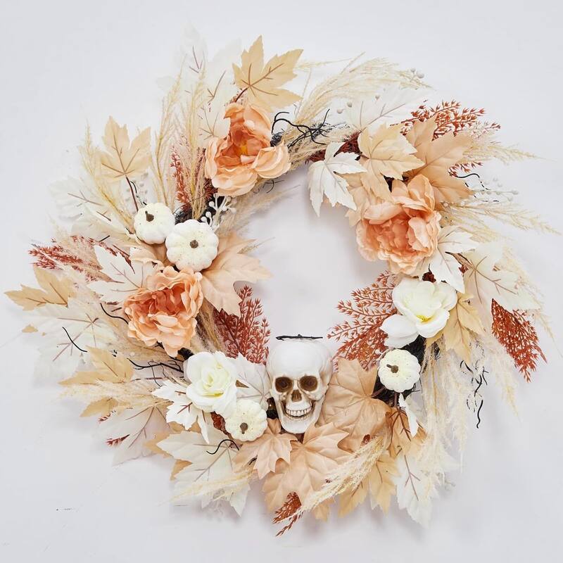 22 Inch Halloween Wreath with Lights White Pumpkins Roses