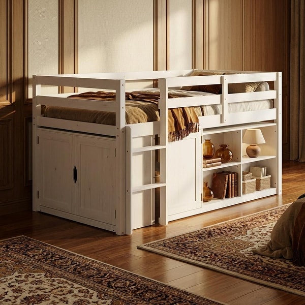 slide 2 of 13, Twin Size Kids Loft Bed with Storage & Wardrobe, Solid Wood Pine Frame, Low Loft Bed White Kids Storage Bed
