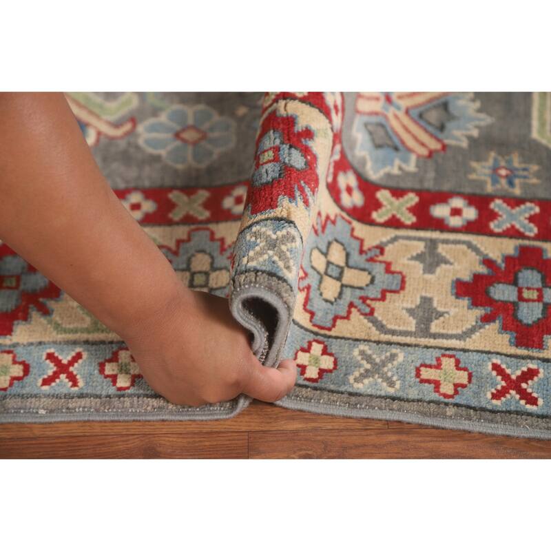 Gray Geometric Kazak Area Rug Handmade Oriental Wool Carpet - 4'11" x 7'0"