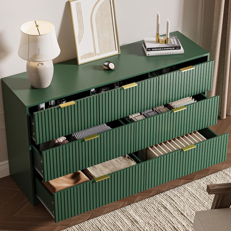 7 Drawer Dresser Fluted Wood Clothes Storage Cabinet, Modern Wide Dresser for Bedroom