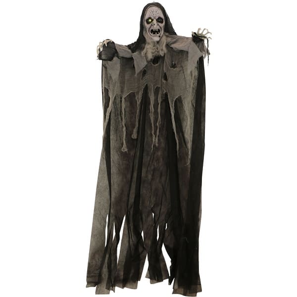 slide 2 of 8, 6-ft. Hanging Witch, Indoor/Covered Outdoor Halloween Decoration, Multi LED Eyes, Poseable, Wicked Weaver