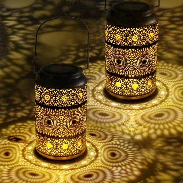 slide 2 of 10, Set of 2 Solar Hanging Lantern Lights with Hollowed-Out Design, IP44 Outdoor Waterproof Metal LED Decorative Light