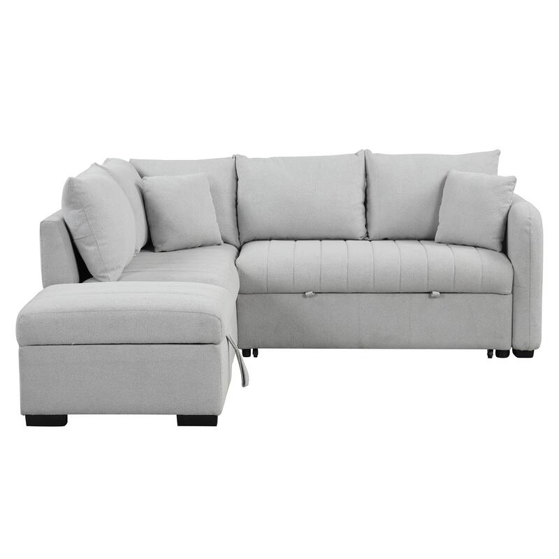 82.6" L-shaped Sectional Pull Out Sofa Bed Sleeper Sofa with Two USB Ports, Two Power Sockets and a Movable Storage Ottoman, Bei