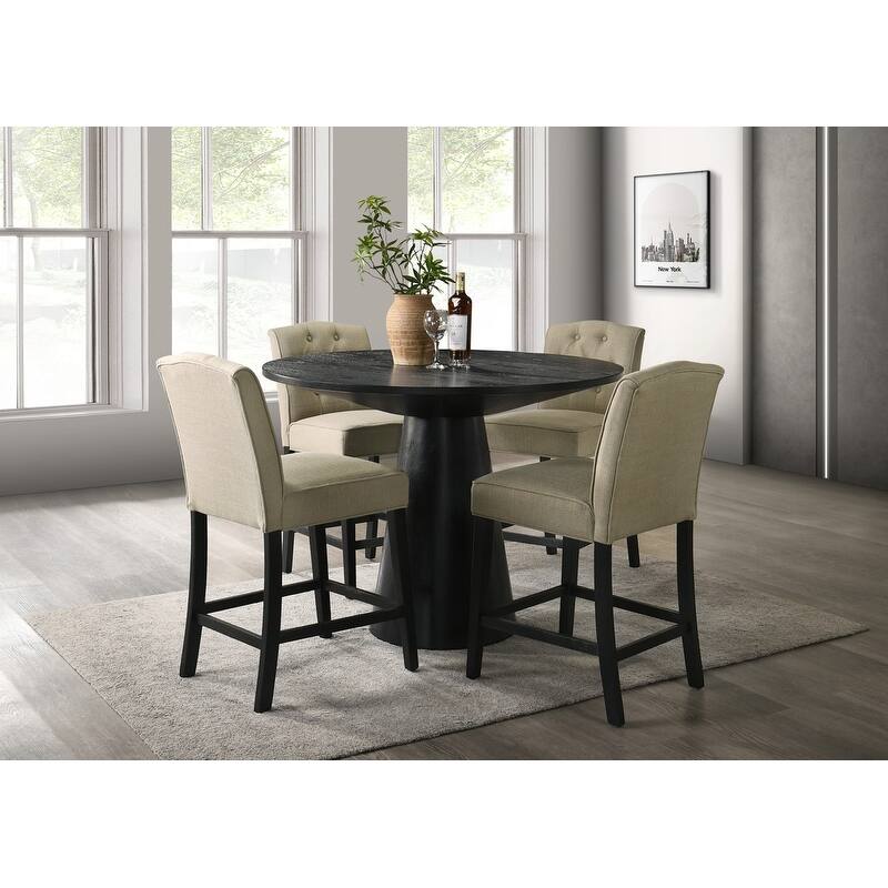 Jasper 5Pc 47" Round Ebony Black Pedestal Counter Height Set with Beige Upholstered Chairs