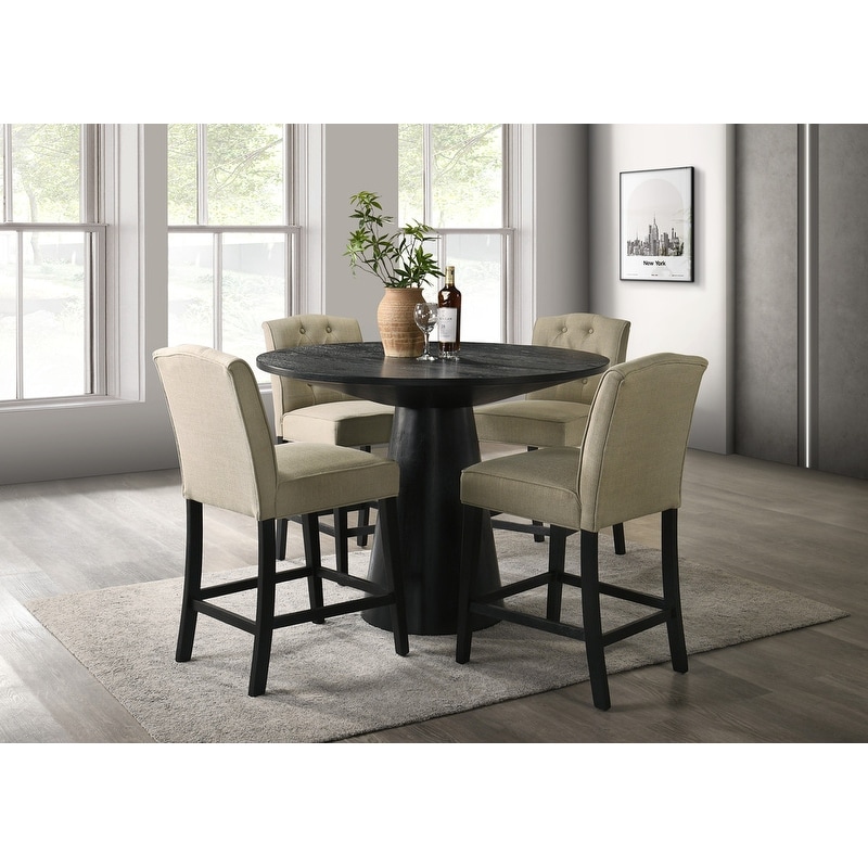 Jasper 5Pc 47" Round Ebony Black Pedestal Counter Height Set with Beige Upholstered Chairs