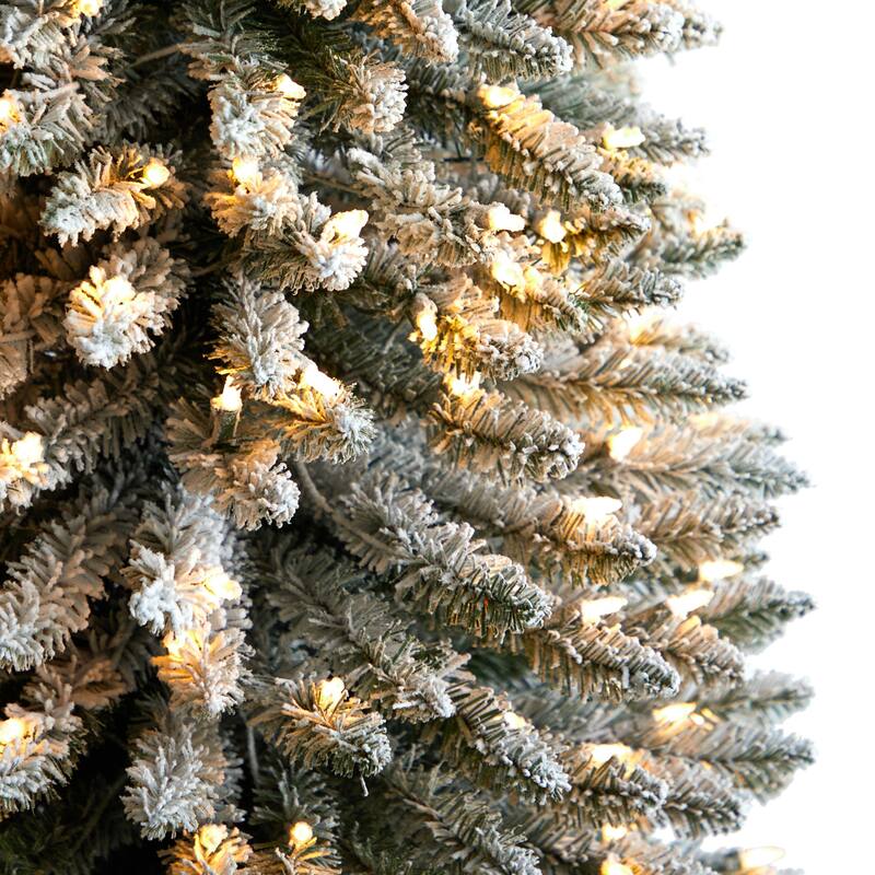 10ft. Flocked Pencil Artificial Christmas Tree with 700 Clear Lights & 1145 Branches - Sleek Snowy Holiday X-Mas Tree