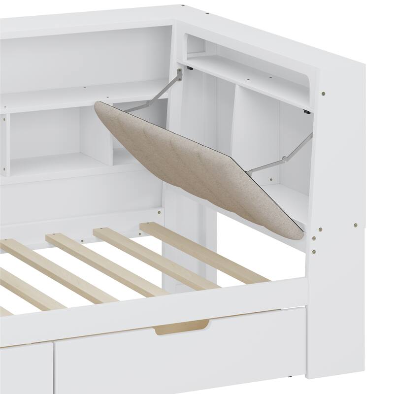 L-shaped Bookcase Daybed Wooden Corner Bed Twin Size Bed Built-in Work Desk, Hidden Headboard Storage, Under-bed Drawers, LED