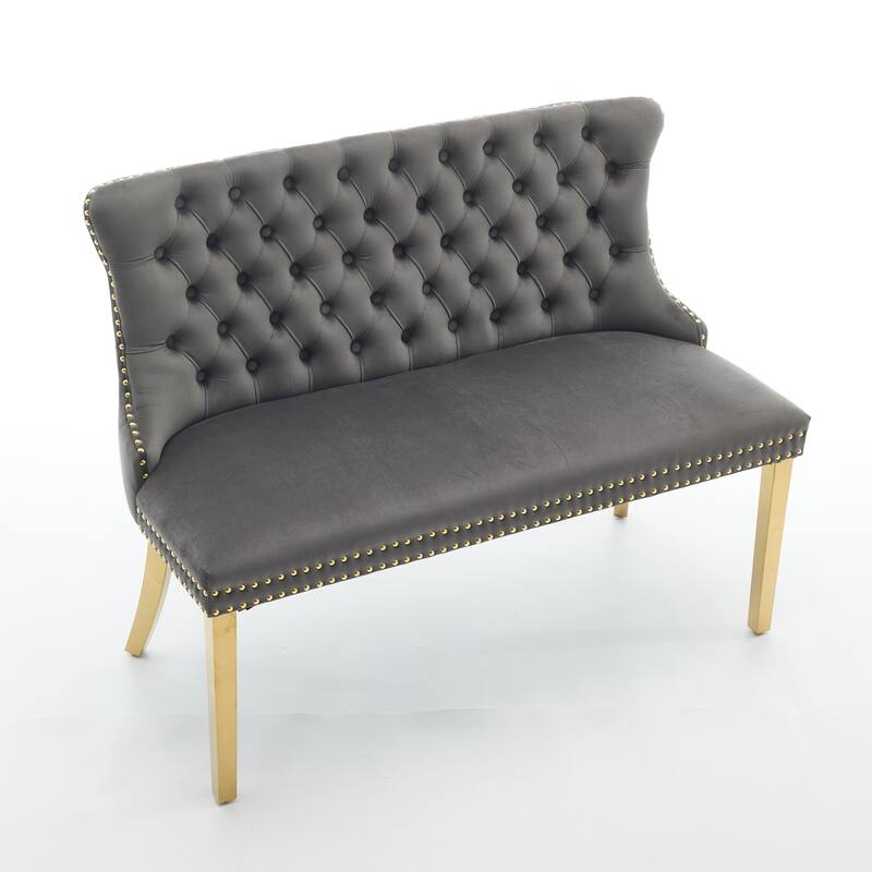 Roomfitters Upholstered Loveseat Bench with Nailhead Trim and Gold Legs, Modern High Back Settee for Dining Room