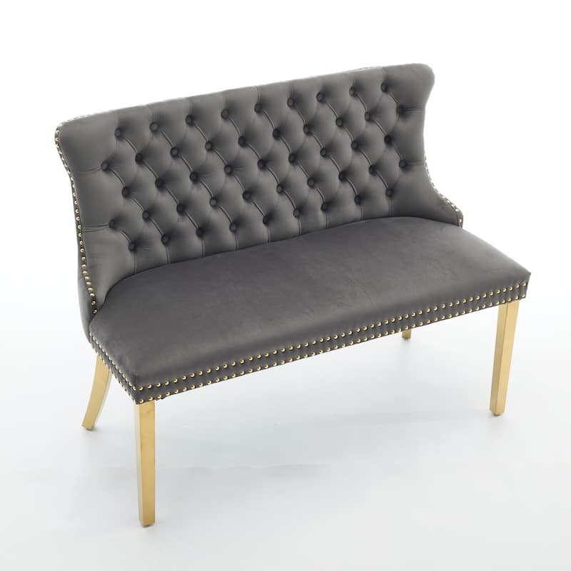Velvet Double Dining Loveseat Bench, 2-Seat Tufted Bench w/Handmade Buttons, Wing Back, Gold-Plated Steel Legs,Single Pack