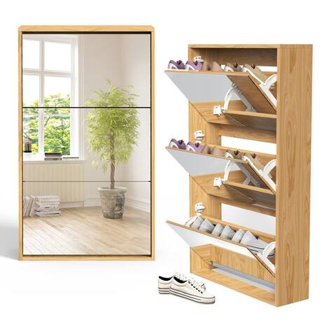 Modern Shoe Storage Cabinet with 3 Mirror Flip Drawers,Shoe Storage Organizer