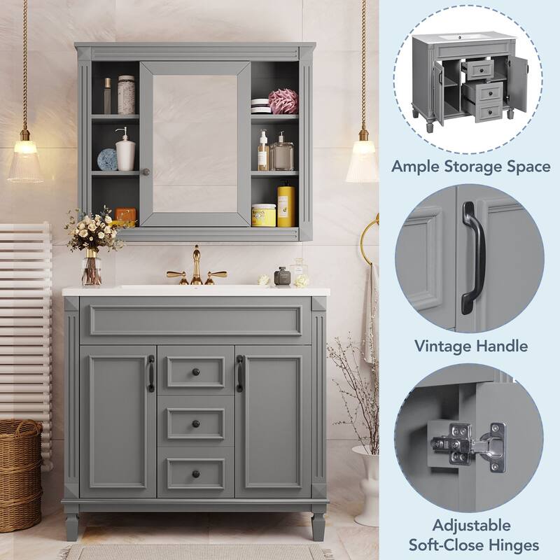 36'' Bathroom Vanity with Top Sink, Freestanding Vanity Set with Mirror Cabinet