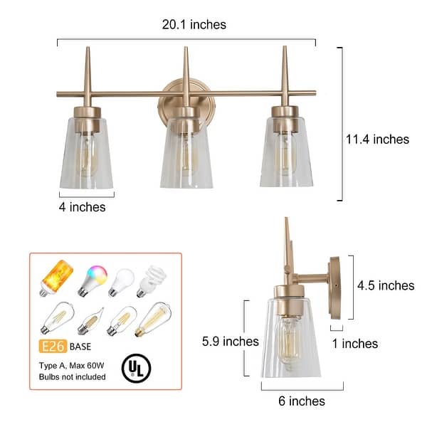 dimension image slide 3 of 4, Modern 4/3/2-Light Farmhouse Linear Bathroom Vanity Lights Dimmable Wall Sconces with Clear Glass Shade