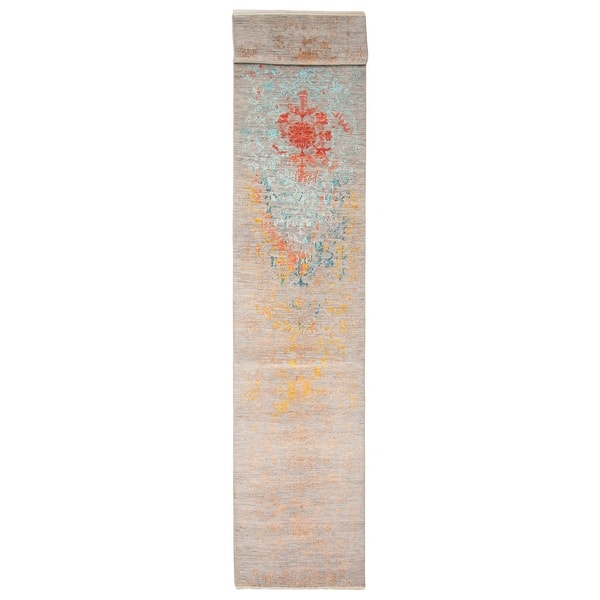 slide 2 of 9, ECARPETGALLERY Hand-knotted Heritage Grey Silk, Wool Rug - 2' 7" x 18' 5" Grey - 2' 7" x 18' 5" - Runner