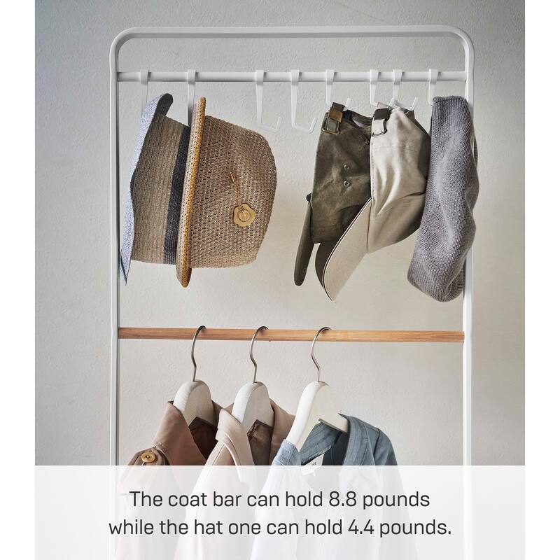 Yamazaki Home Coat Rack with Hat Storage, Steel and Wood - L 16.54 x W 19.69 x H 65.75 inches