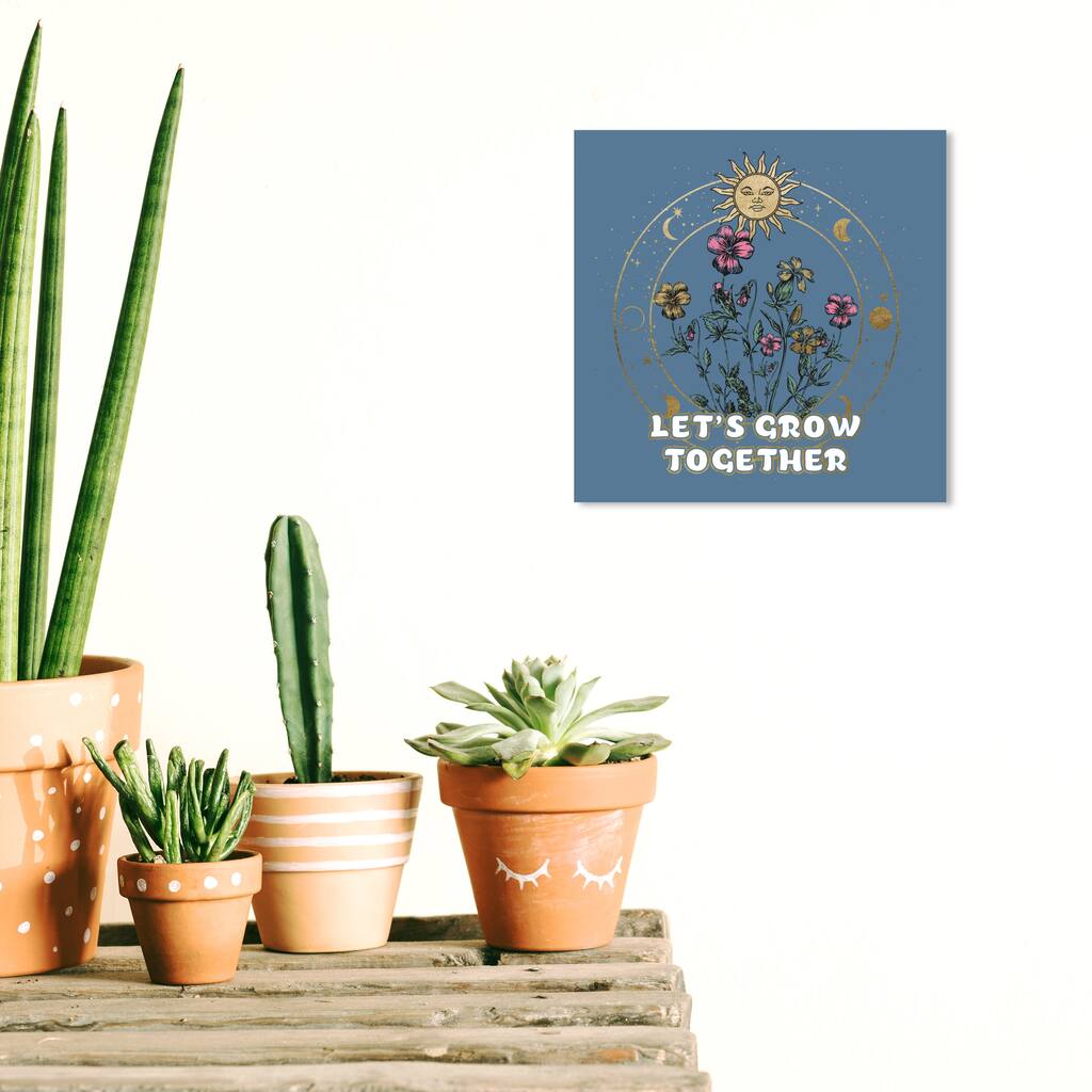 Wynwood Studio Prints Floral and Botanical Lets Grow Together Blue and Metallic Gold Modern & Contemporary Wall Art Canvas Print