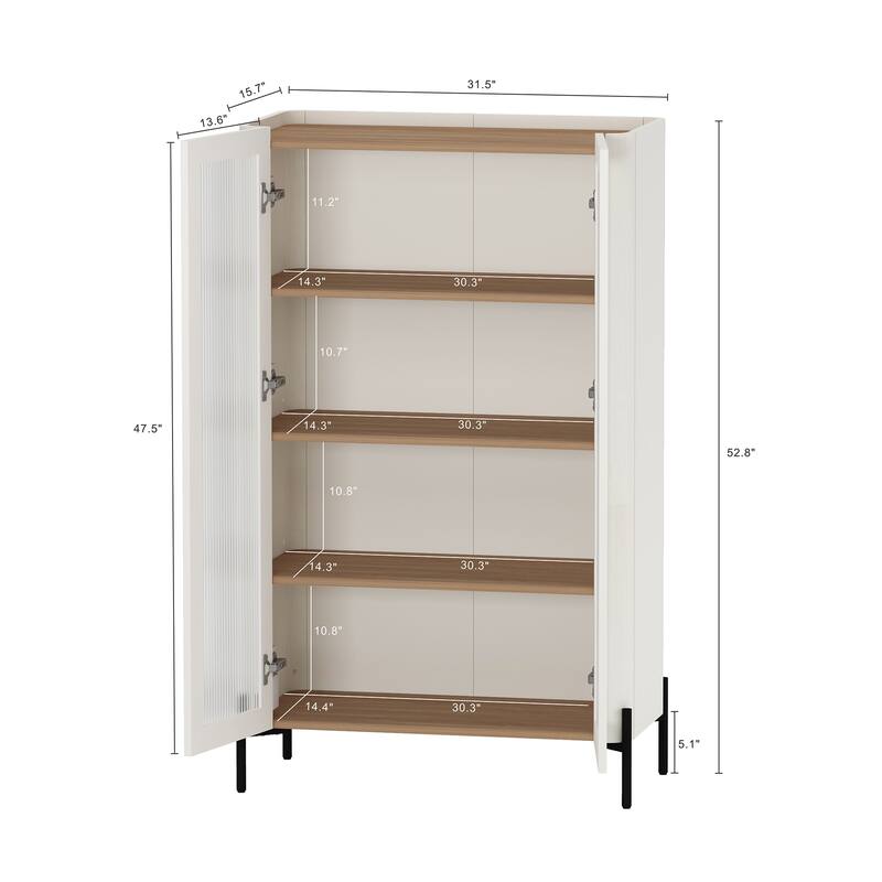 Manhattan Comfort Modern Abbey Décor Ribbed Tempered Glass Cabinet with Adjustable Shelves in White