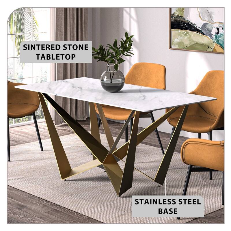 Nuvor Rectangular Sintered Stone or Glass Tabletop Dining Table with Powder-Coated Gold Steel Base for Kitchens & Dining Rooms