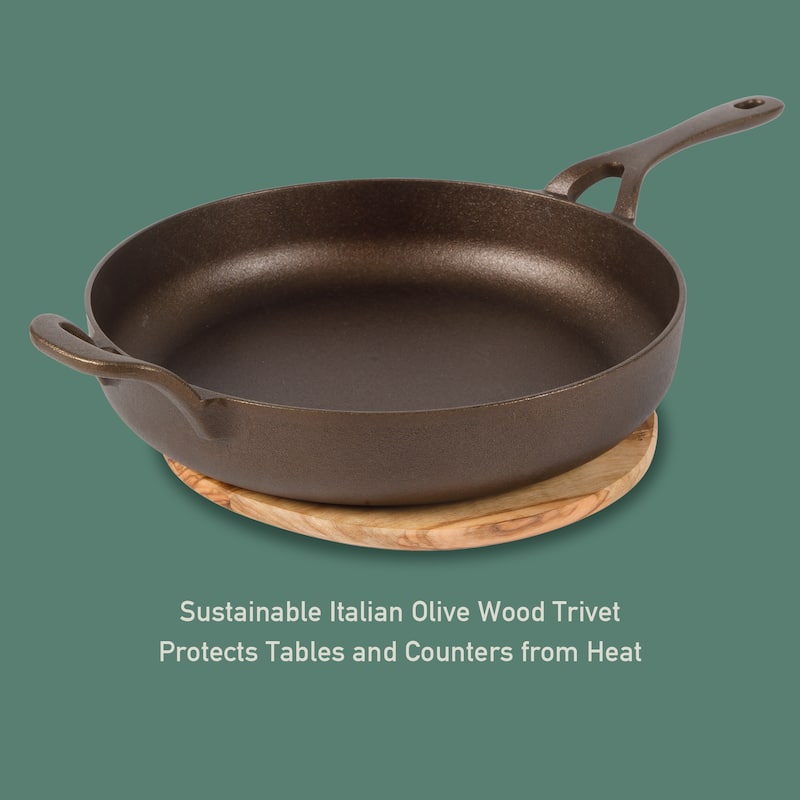Bloomhouse Natural Bronze Finish Pre-seasoned Cast Iron Grill, Everyday Pan, Skillet & Olive Wood Trivet