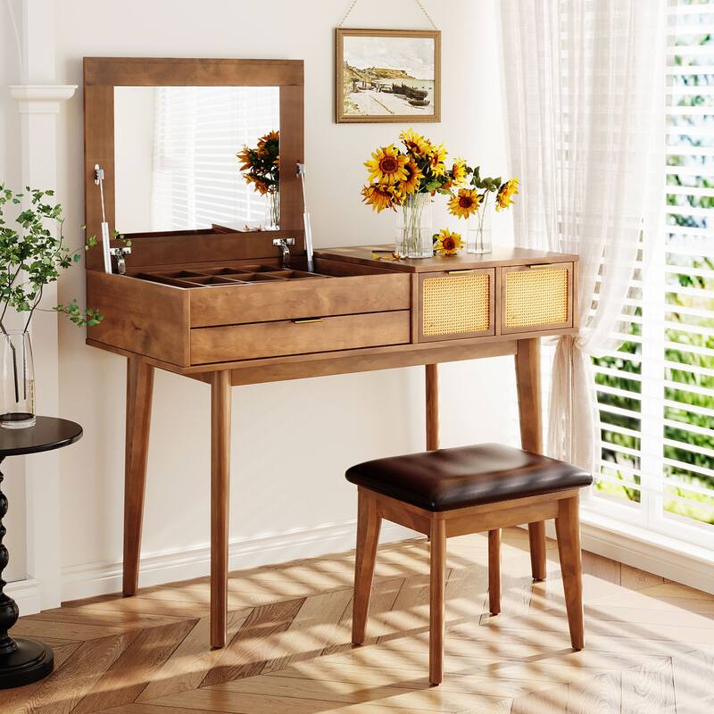 43" Brown Classic Wood Makeup Vanity Sett with Flip-top Mirror and Stool Dressing Table with Three Drawers and storage space - Brown - 3-drawer