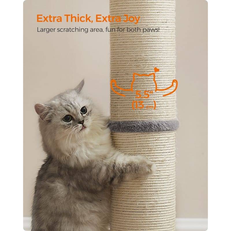 Dove Grey Sisal MDF Plush Cat Scratching Post with Sturdy Base Spring Pompom and Tall Design - 19.7”L x 15.8"W x 33.5"H