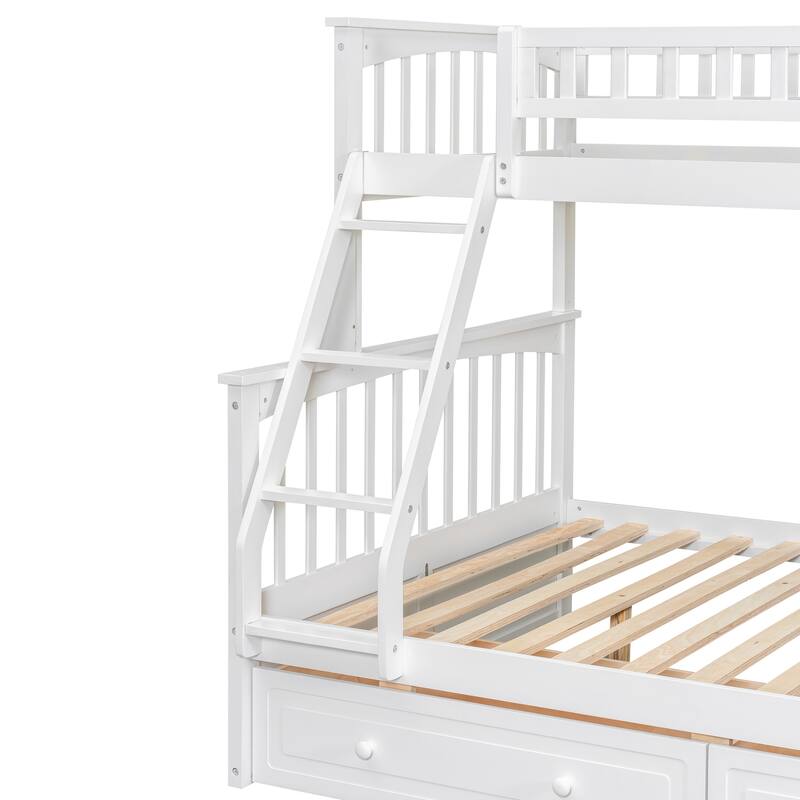 Wooden Storage Bunk Bed Frame with Fence-shaped Guardrails and Pull-out Drawers, Convertible 2 Platform Beds, Detachable Design