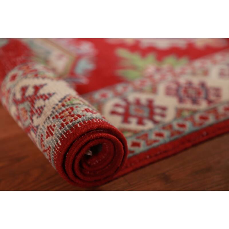 Bedroom Red Kazak Foyer Rug Hand-Knotted Geometric Wool Carpet - 2'8"x 4'0"