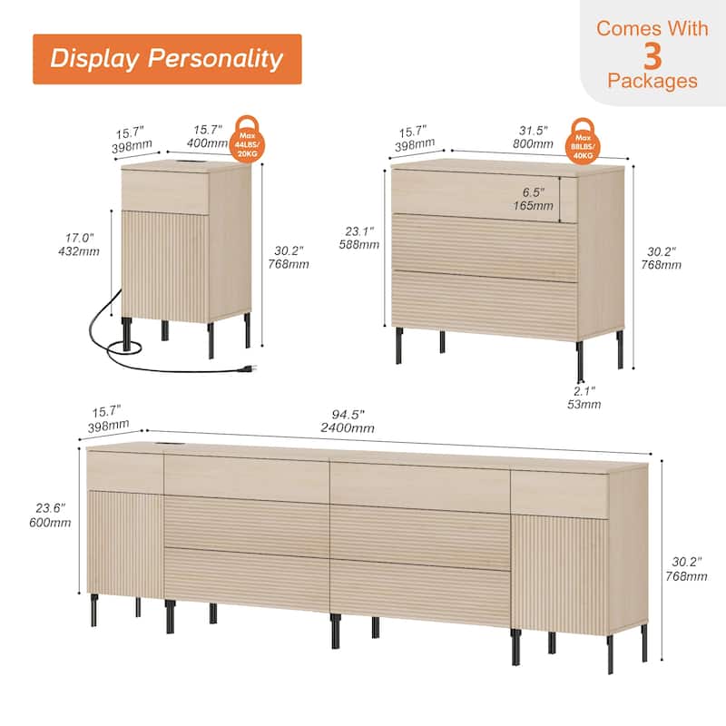 94.5" Wooden Reeded Sideboard With Built-In Charging Station, 4-In-1 Modern Credenza