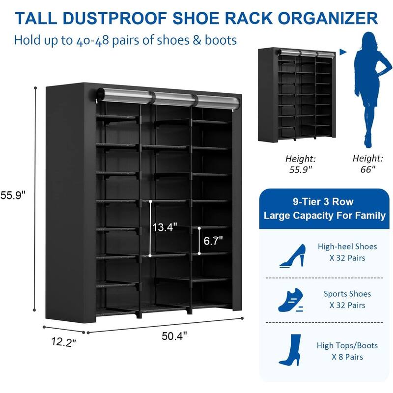 8-Tier Large Tall Shoe Rack with Covers 40-46 Pairs, Shoes Cabinet