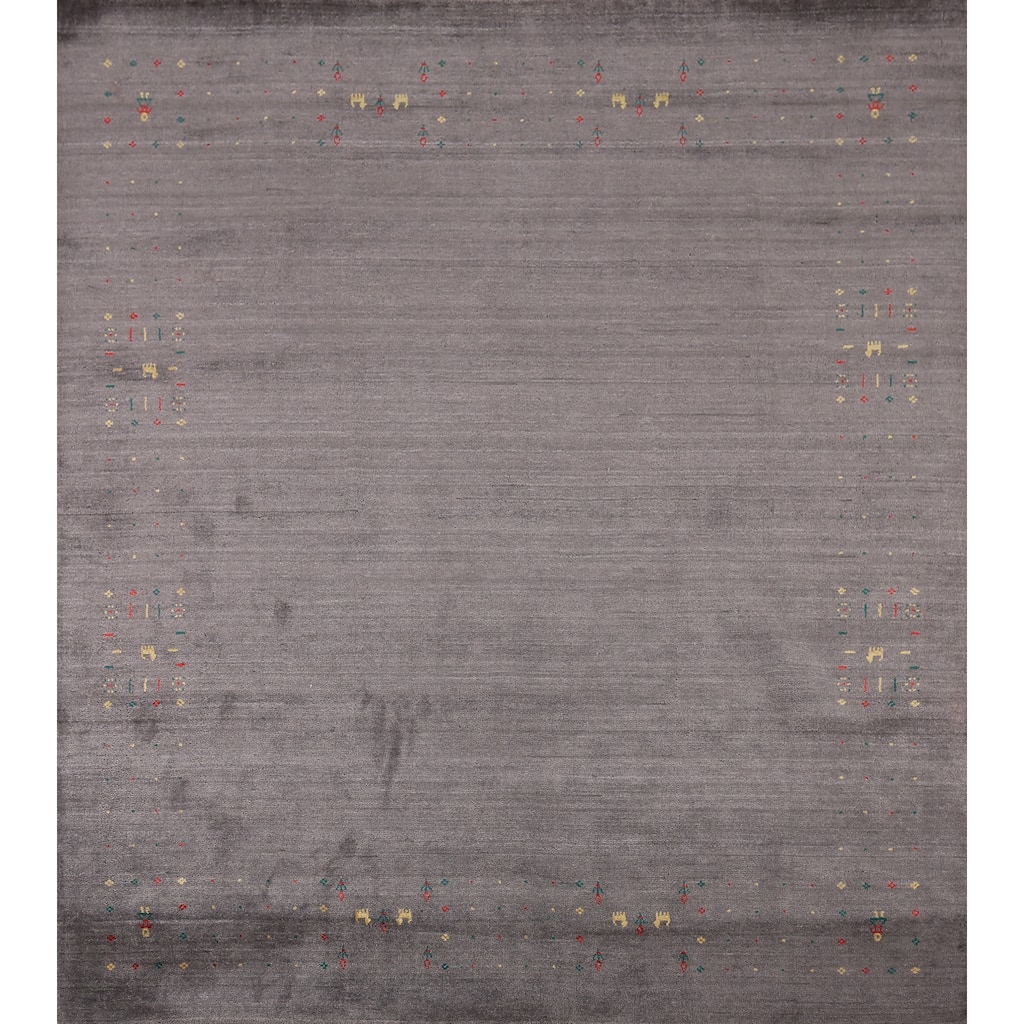 Tribal Gray Gabbeh Indian Square Area Rug Silk Carpet - 7'10" X 7'10"