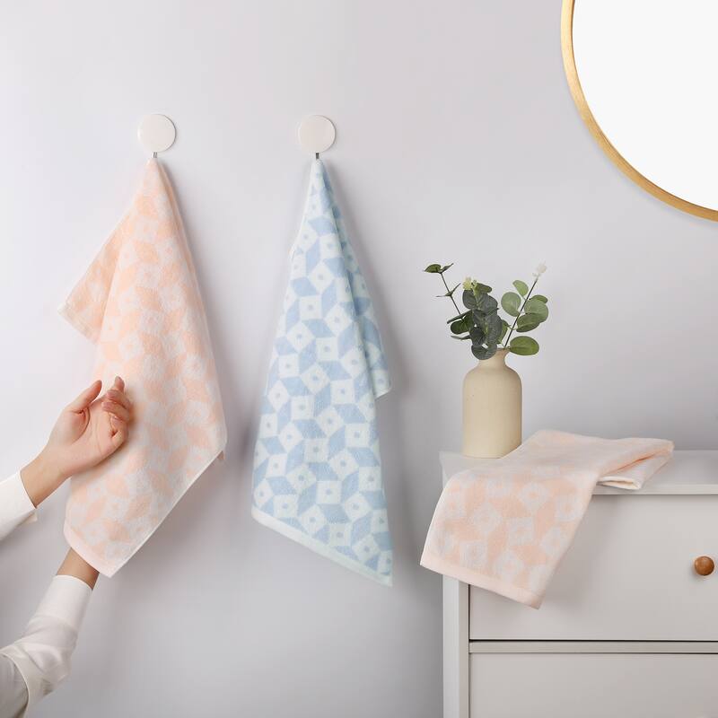 Geometric Pattern Hand Towels, Cotton Soft Absorbent Bathroom Towel for Hand Drying and Face Washing - Pink - 4 Pack