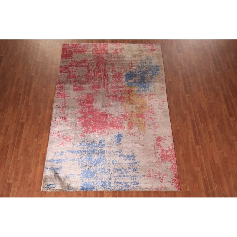 Contemporary Indian Area Rug Handmade Abstract Wool Carpet - 6'7" x 9'8"