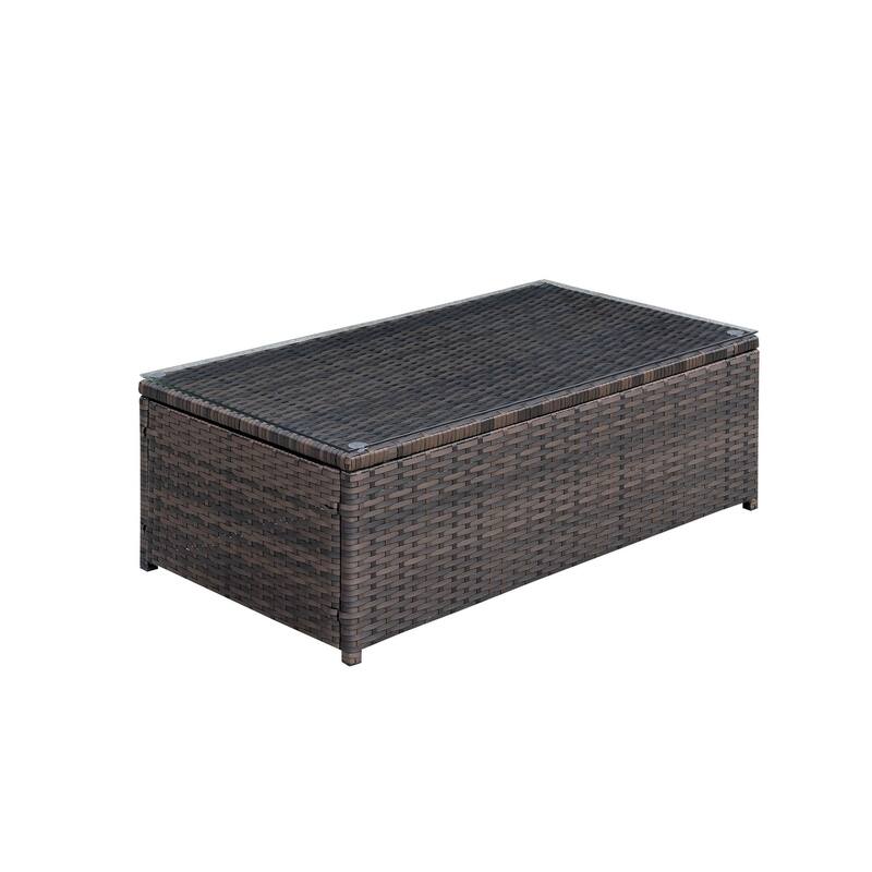 Rectangular Faux Rattan and Aluminum Coffee Table with Glass Top, Brown - 13.75 H x 19.25 W x 34.625L Inches