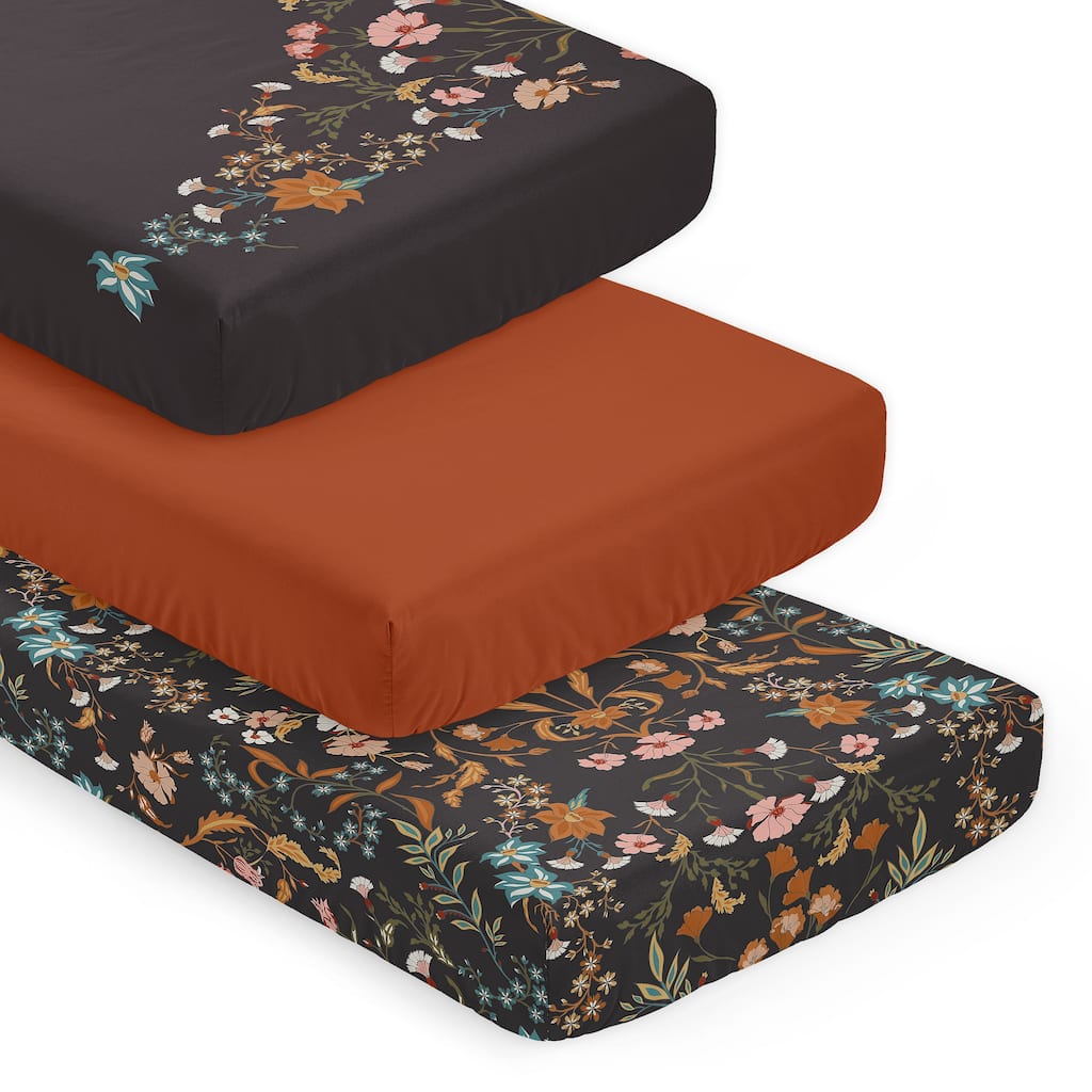 Sweet Jojo Designs Black Boho Wildflower Vintage Floral Girl 3 Pack Fitted Crib Sheets - Solid Orange & Bohemian, Farmhouse Leaf