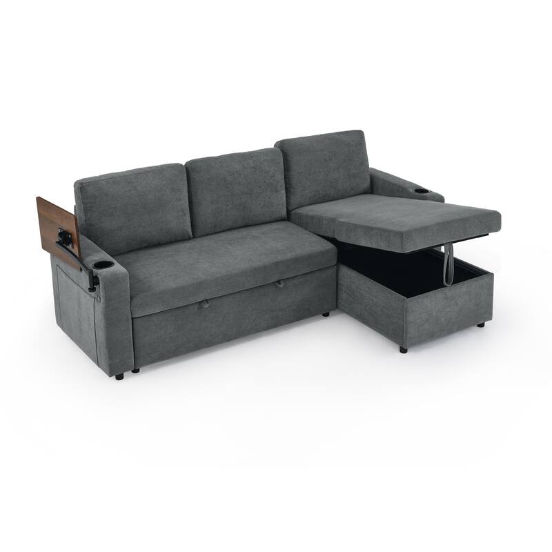 Pull Out Sleeper Sofa Bed Chenille L-shaped Sectional Couch with Storage Chaise, Retractable Table, LED, USB and Cup Holders