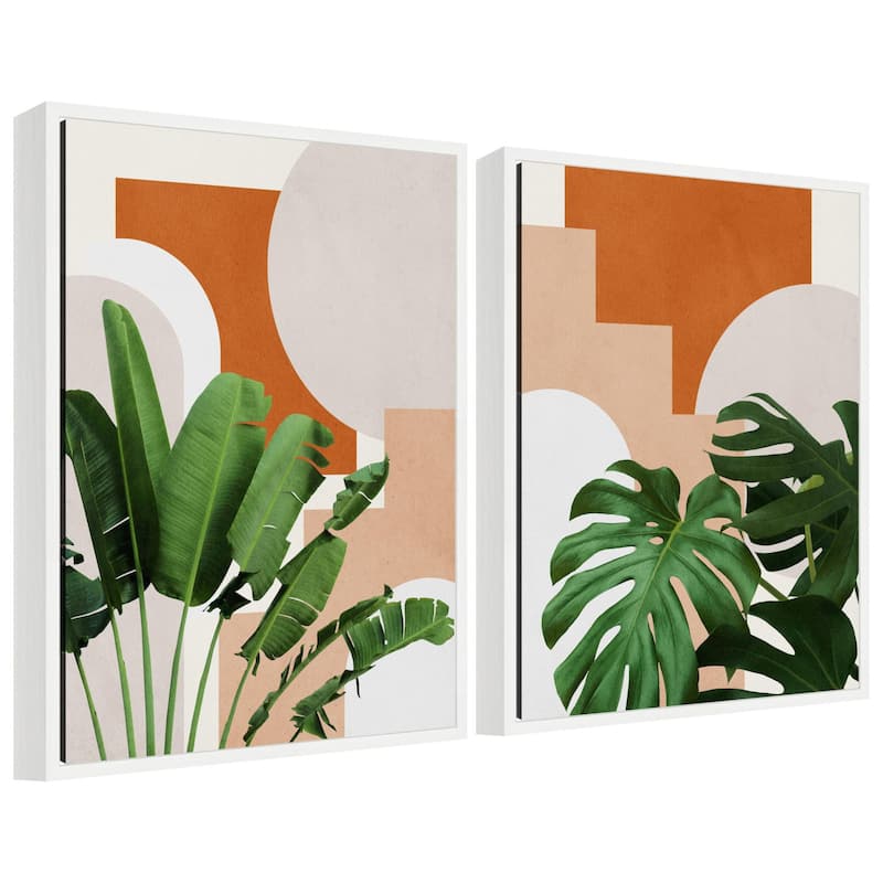Kate and Laurel Sylvie Abstract Botanical Leaves Framed Canvas Art Set by July Art Prints - 2 Piece Set 18x24