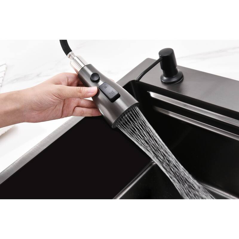 Waterfall Kitchen Sink,Single Bowl in Black, Multifunctional Workstation with Flying-rain Faucet and Cutting Board
